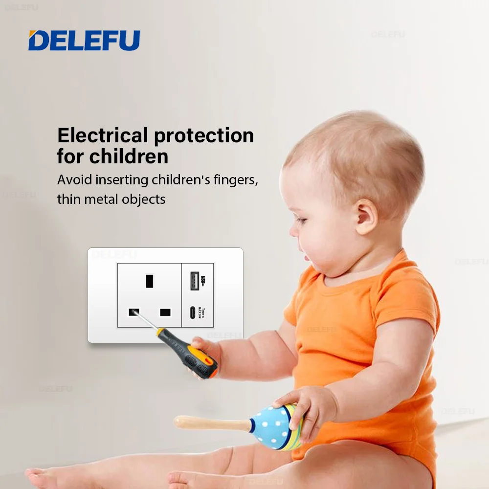 DELEFU Wall Switch Power socket USB-C PC White panel UK series