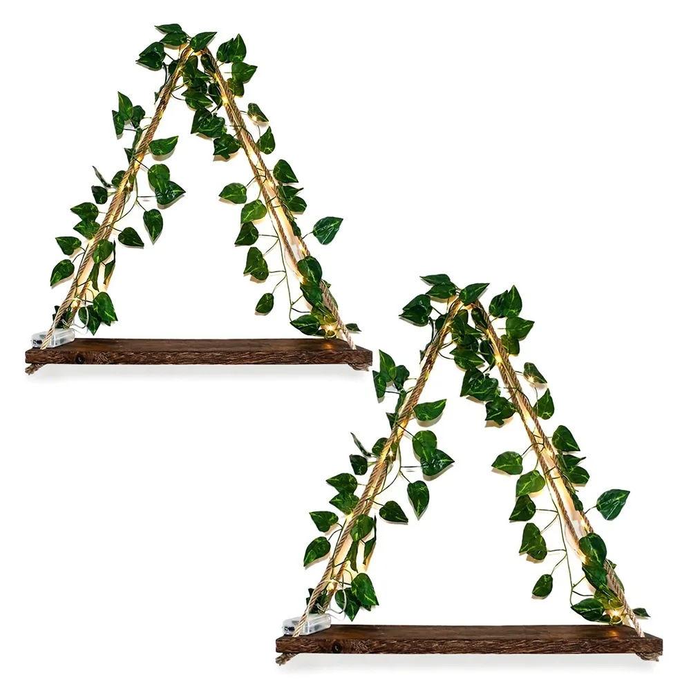 Decor Artificial Ivy Floating Wall Shelf LED Light Hanging Wall Hanging Shelf Floating Wooden Wood Shelf Living Room