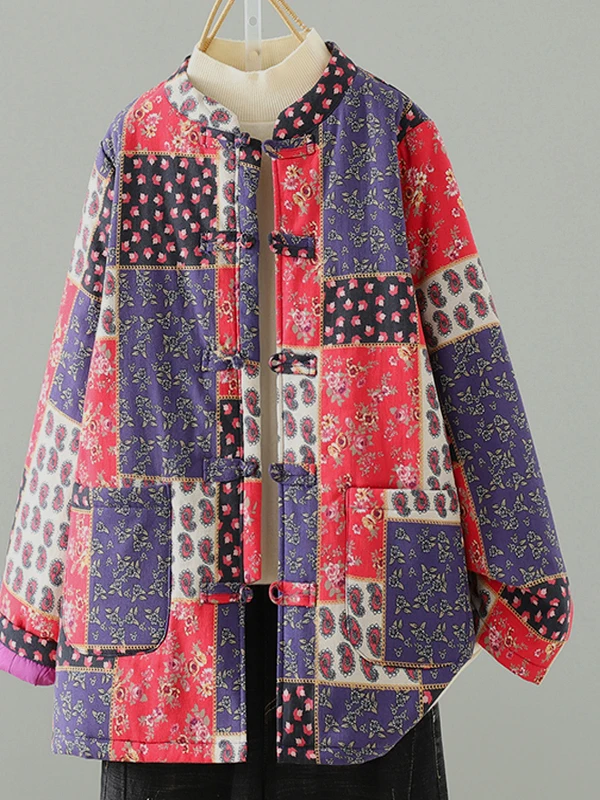 Retro Ethnic Print New Chinese Sle Floral Cotton Jaet Women's Winter Buttoned Cotton Coat Loose Fit Thiened Long Sve