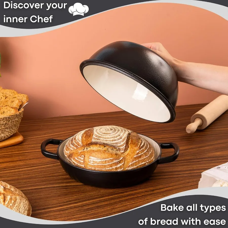 Forno holandês de ferro fundido esmaltado, forno holandês para assar pão sourdough, pote de pão de ferro fundido preto 6 quartos 26cm por