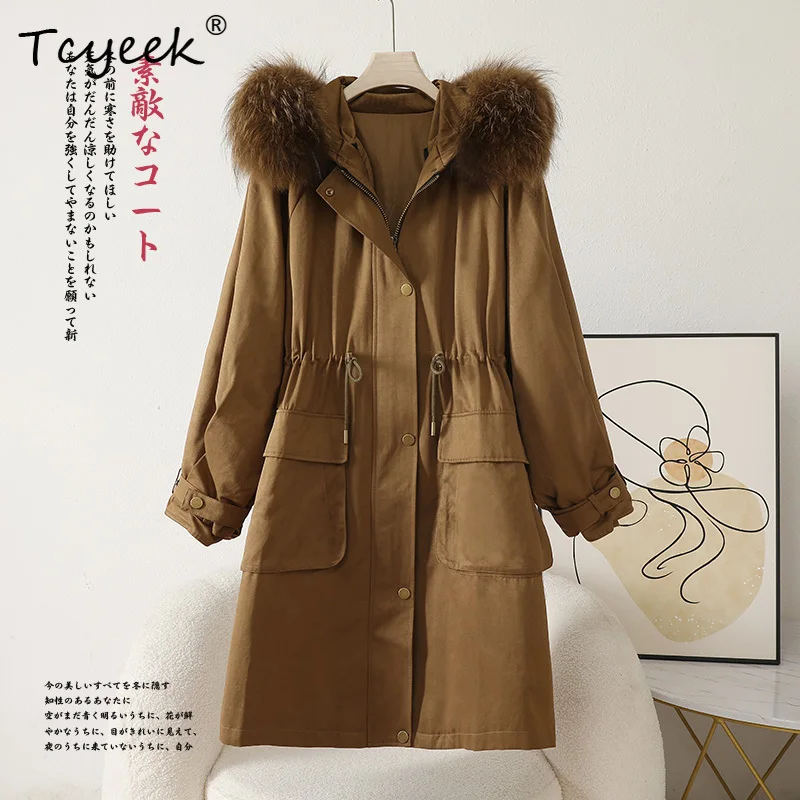 Tcyeek automne hiver détachable col de fourrure de raton laveur loutre fourrure de lapin à capuche couleur Caramel longue femmes Parka manteau de fourrure Veste Femme