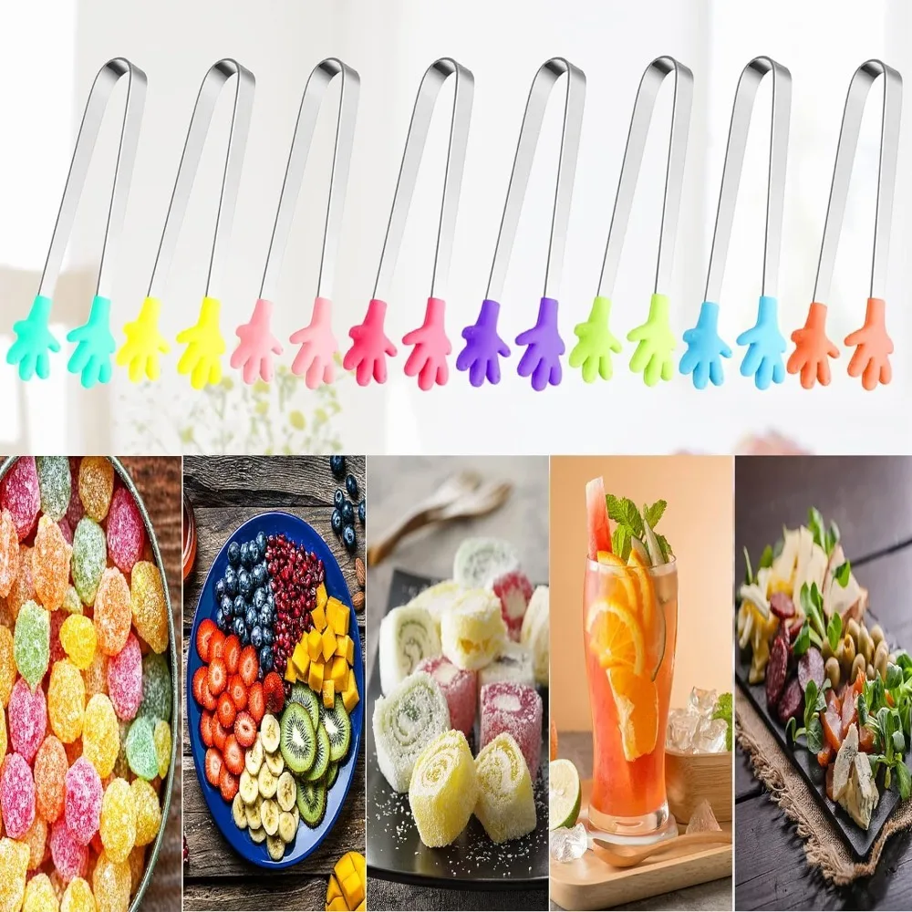 8PCS Silicone Mini Tongs 5Inch Hand Shape Food Tongs Colourful Small Kids Tongs for Serving Food, Ice Cube, fruits, Barbecue