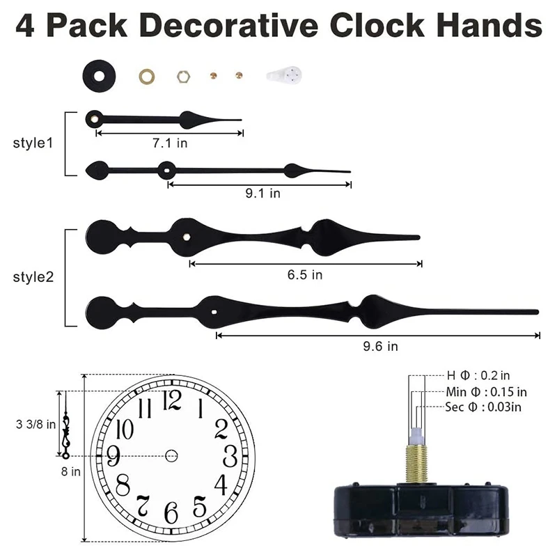 High Torque Clock Movement Mechanism with 11 Inch Long Spade Hands, Quartz Clock Motor Kit , Total Shaft Length 7/8 Inch