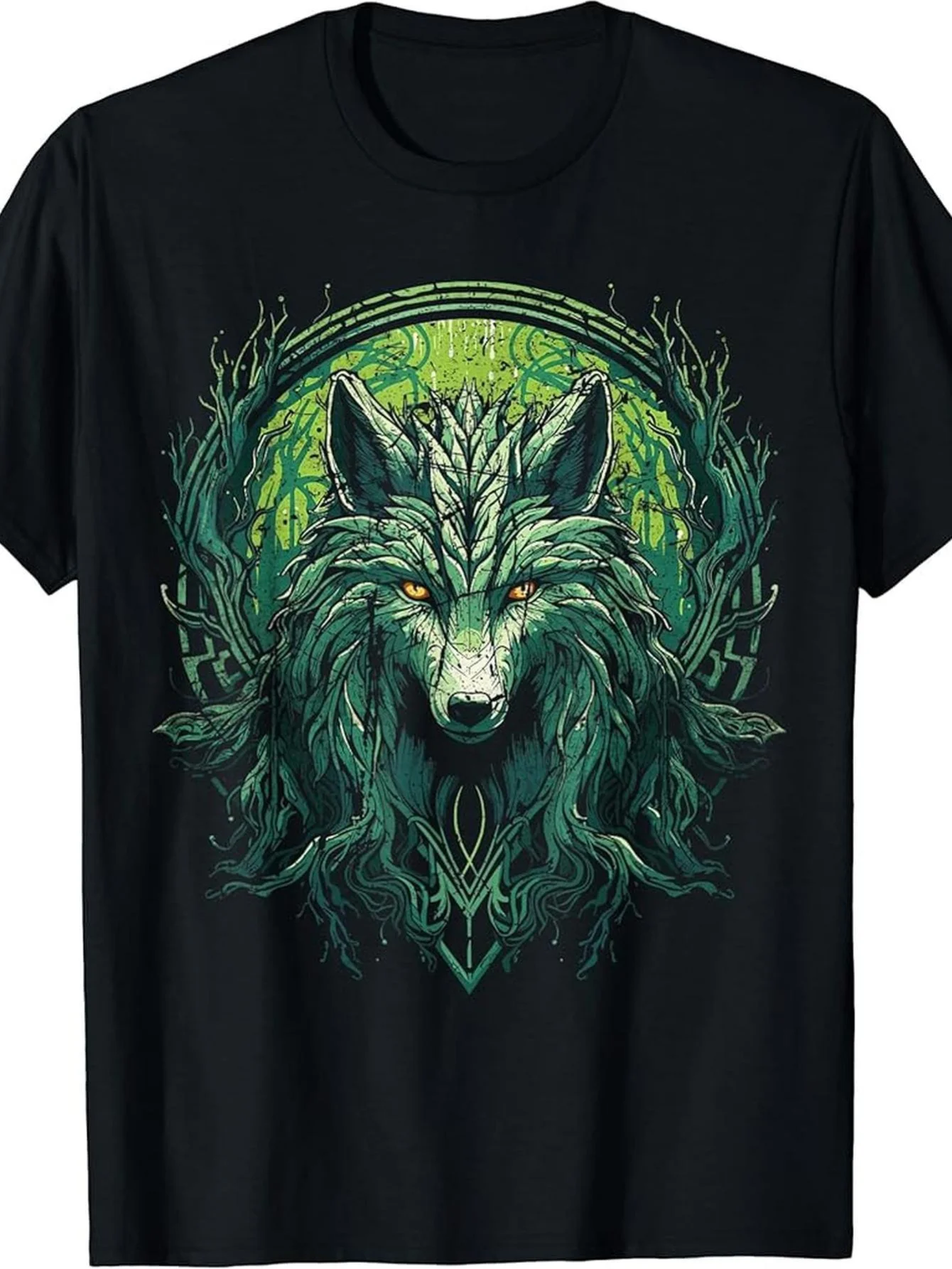 

Green Forest Wolf Graphic Tee Men's Breathable Cotton Round Neck Short Sleeve T-Shirt Casual Streetwear