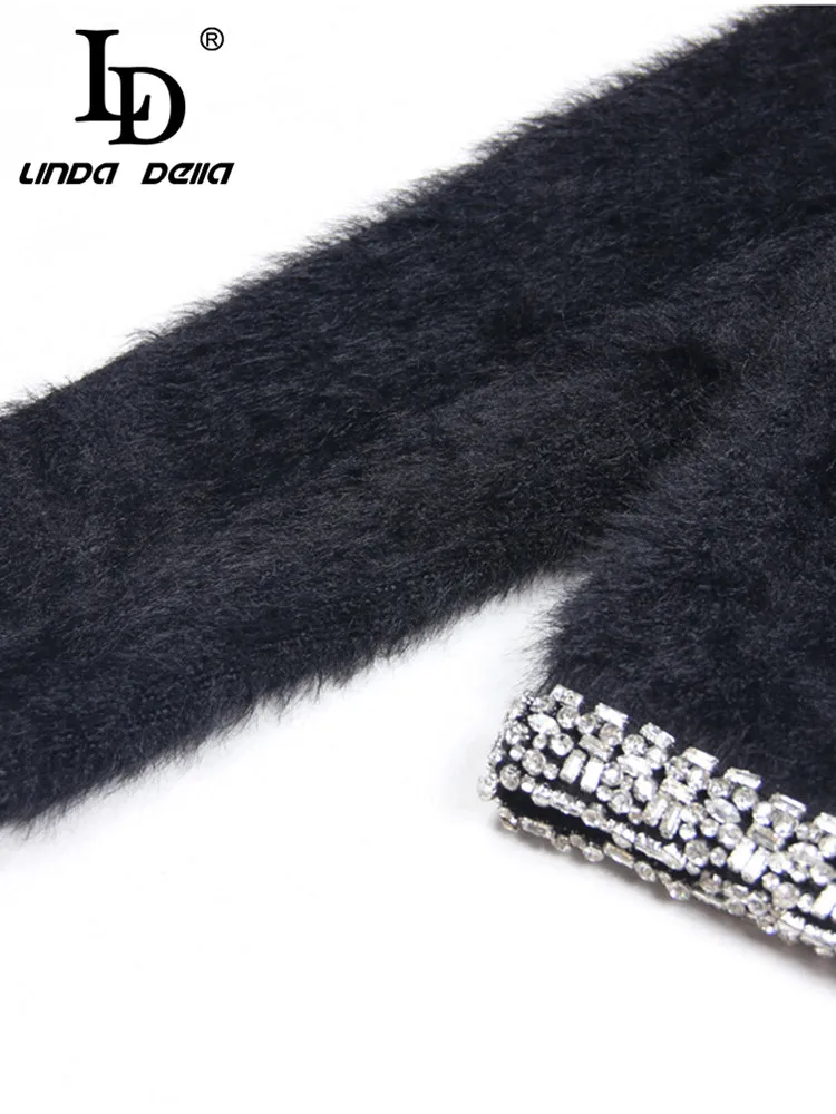 LD LINDA DELLA Autumn Korean luxury designer party Coat Women\'s Black Splice Long sleeve Nail Bead Woolen Slim Fit Short Coat