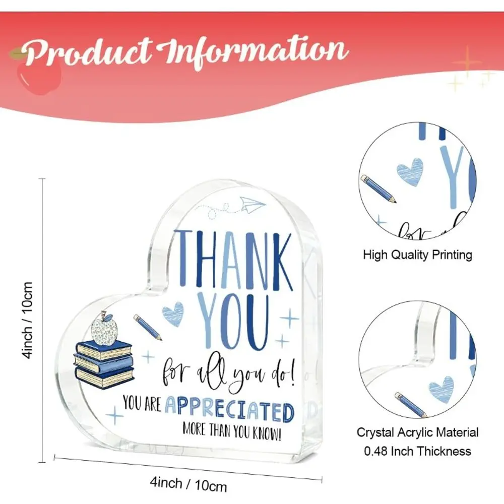 Acrylic Heart Teacher Gift, Home Office Desktop Decor for Appreciation & Holidays
