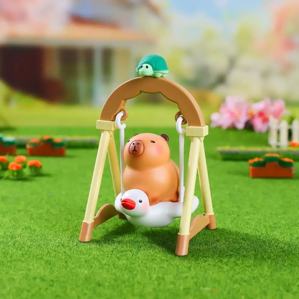 랜덤 타입 카피바라 애니메이션 피규어 누워있는/앉아있는/목욕하는 카피바라 피규어 만화 백조 거북이 카피바라 PVC 모델 케이크 장식