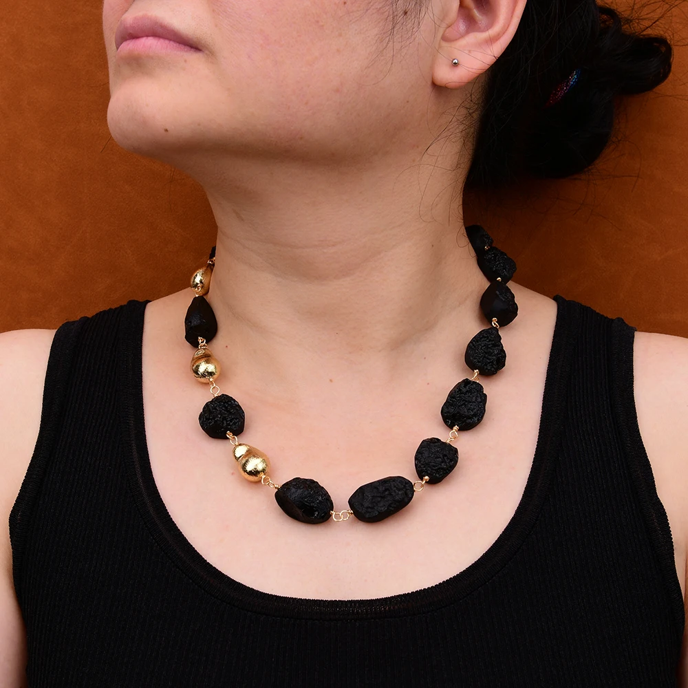 GG 20'' Natural Black Meteorite Stone Rough Fancy Gems Nugget Gold Plated Brushed Bead Necklace