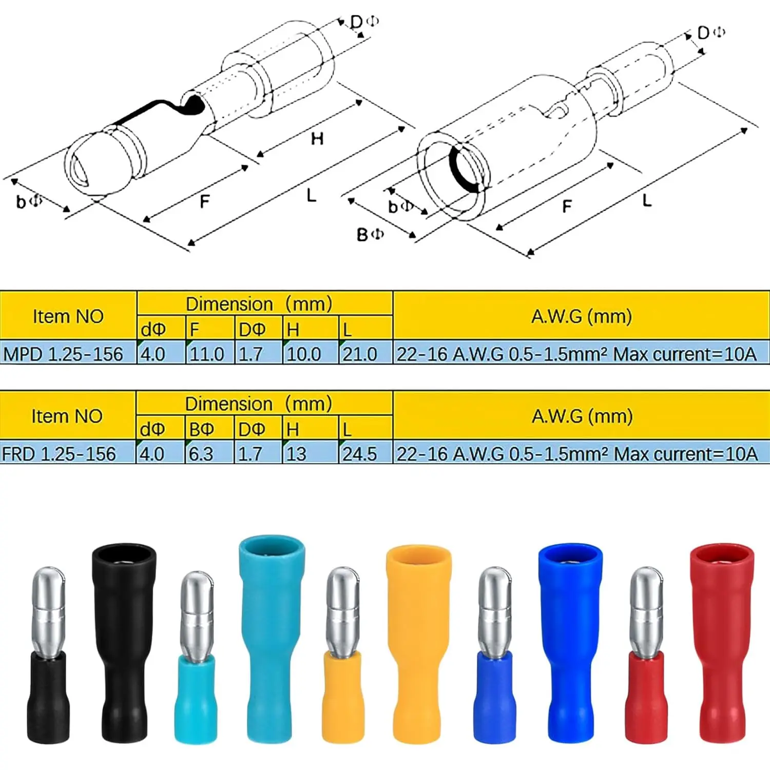 200 Pcs 22-16AWG Insulated Splice Female/Male Bullet Crimp Terminals Connectors, Electrical Bullet Crimp Wire Connectors