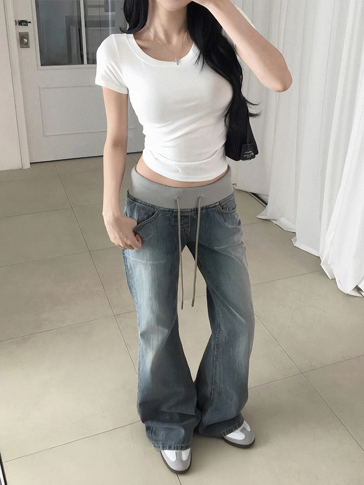 ReddaChic Women Elastic Waist Flare Jeans Causal Going Out Baggy Do Old Rib Knit Patchwork Bootcut Jeans Y2K Retro Streetwear