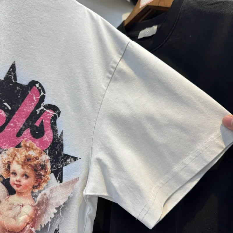 Classic Cracked Angel Flower Print T-shirt Men Women Streetwear Short Sleeve High Quality Loose Casual T Shirt Clothes