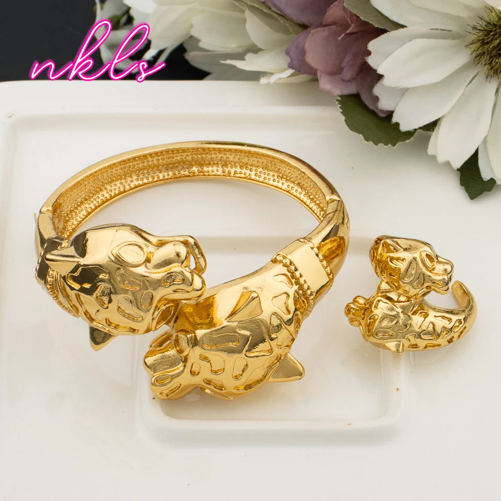 

Leopard Design Copper Bracelet Ring Luxury 18K Gold Plated Jewelry Set Party Women Adjustable Rings Exquisite Bangle Accessories