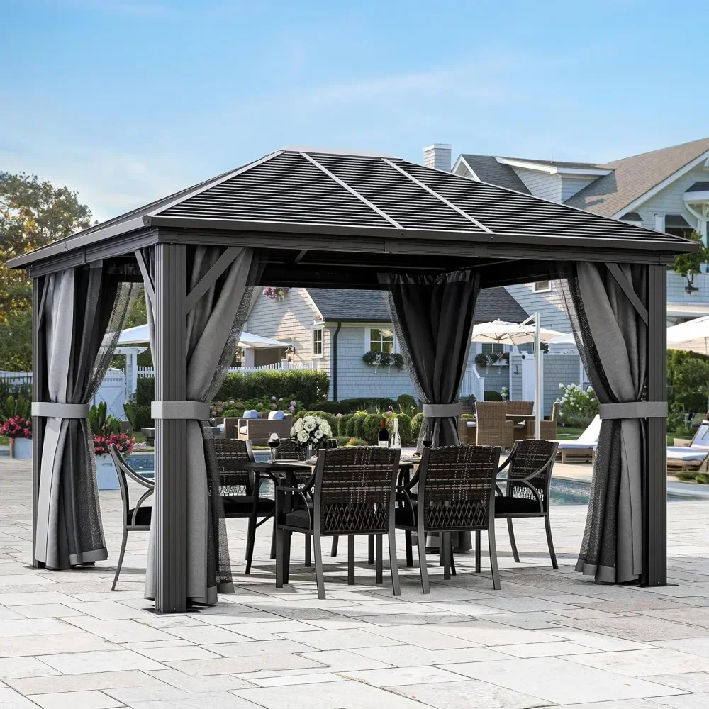 

10x12ft Hardtop Gazebo with Nettings and Curtains, Heavy Duty Galvanized Steel Outdoor Horizontal Stripes Roof