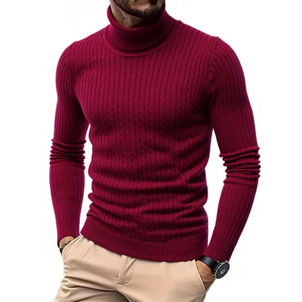 ฤดูใบไม้ร่วงฤดูหนาวผู้ชายเสื้อคอเต่า WARM SLIM FIT ถักเสื้อกันหนาว Jacquard ลายนุ่มเสื้อถักสไตล์พื้นฐาน