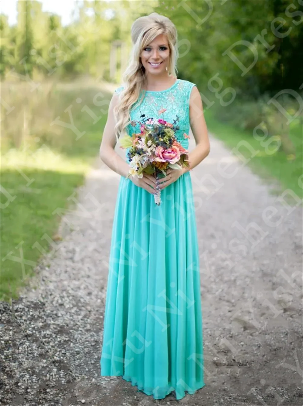 Vestidos de fiesta de boda de estilo campestre para mujer, cuello redondo sin mangas, línea A, vestido de dama de honor, encaje, lentejuelas, gasa, vestido de noche