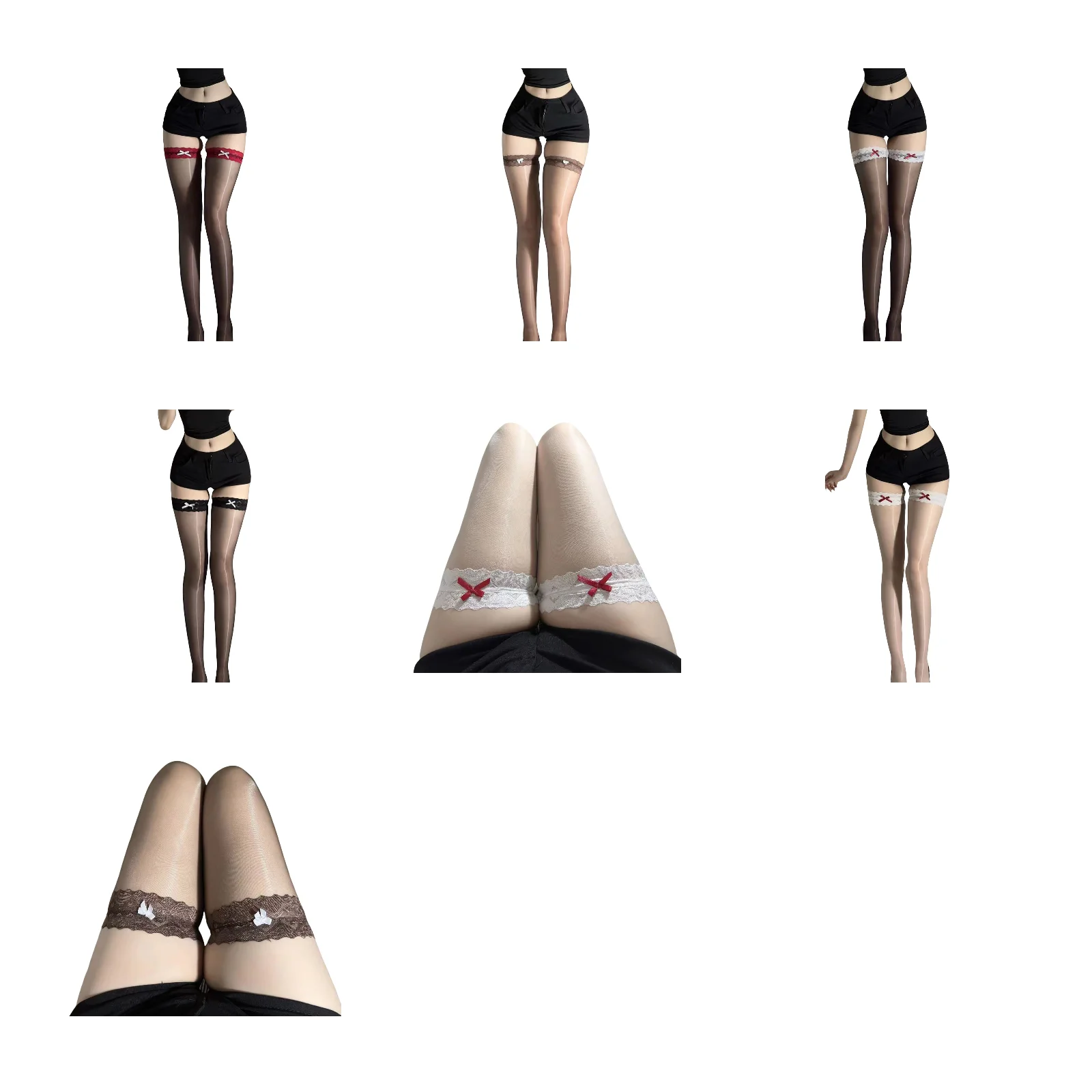 

Комплект из 7 пар кружевных носков до колена с контрастными бантиками: красный цвет Аврора/кофейный/белый/полностью черный/матовый белый/белый Аврора/матовый кофейный