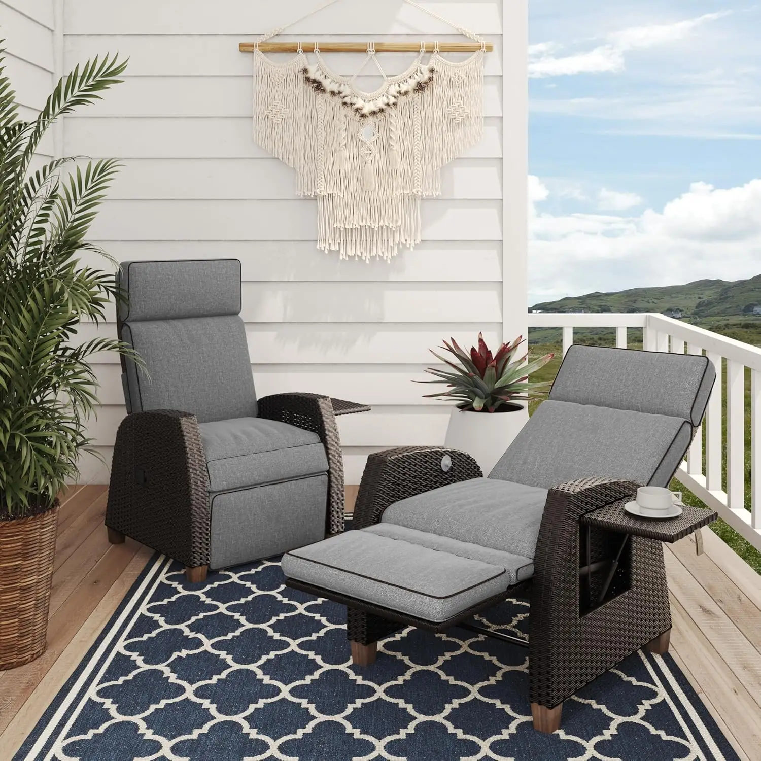 Outdoor Reclining Chairs with Extended Footrest Adjustable WickerPatio Lounge Recliner up to 150° with Flip Side Tab