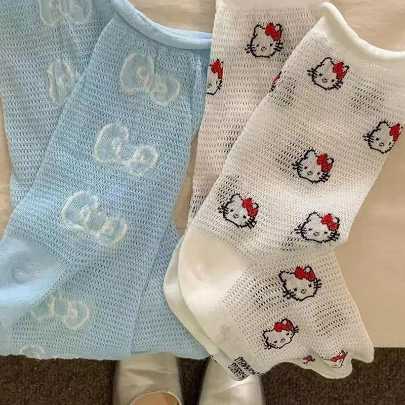 Calcetines de dibujos animados Sanrio, medias de tubo medio con lazo de Hello Kitty, malla deportiva fina de algodón, medias transpirables huecas, dulces regalos de corazón femenino