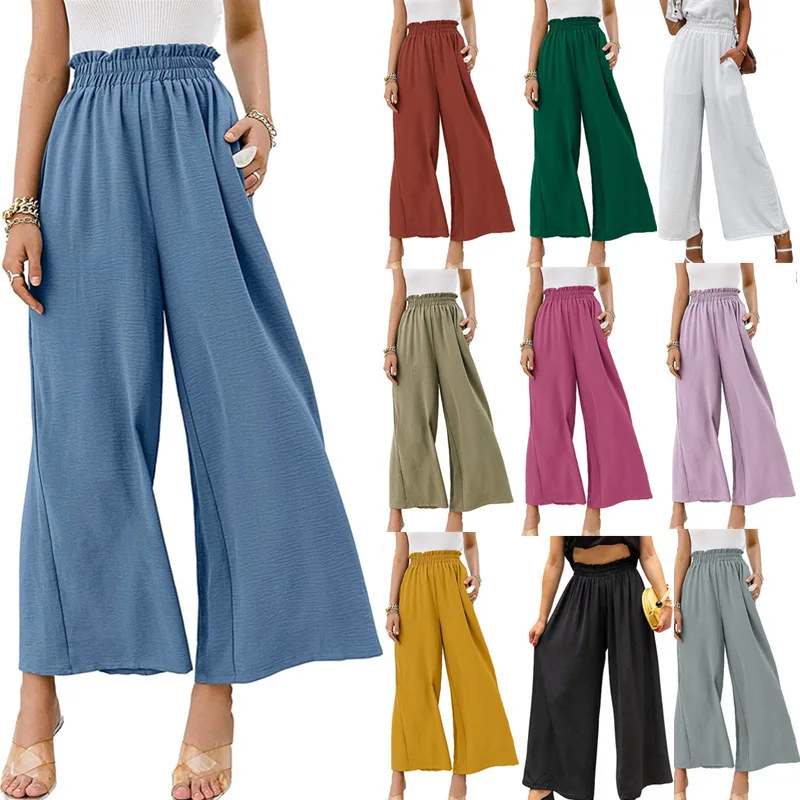 2024Spring and Summer New European and American Cotton and Linen Women's Solid Color High Waist Loose Casual Wide Leg Pants