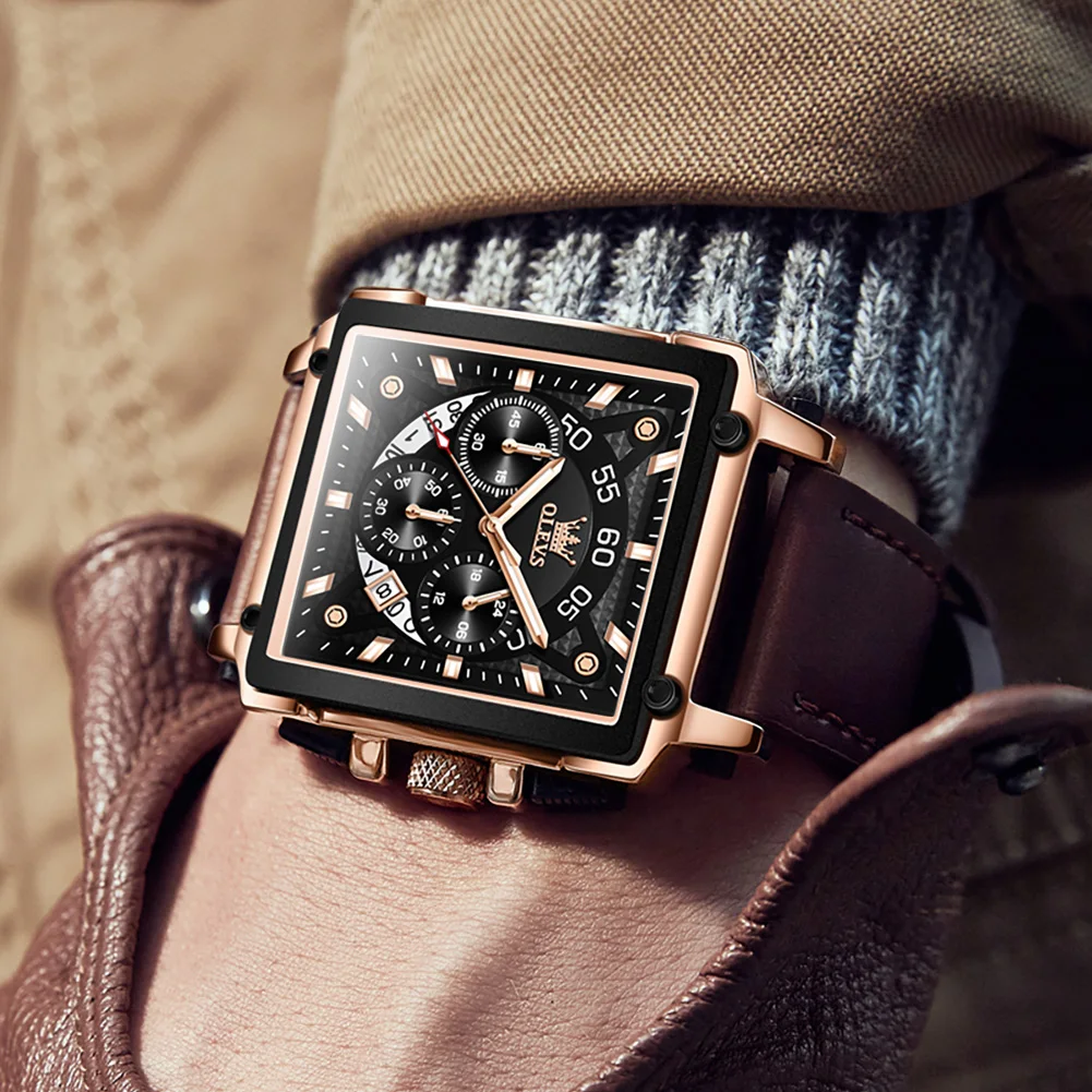 OLEVS Original Luxury Chronograph Square Quartz Watch for Men Vintage Style Sport Leather Luminous Waterproof Men Watches