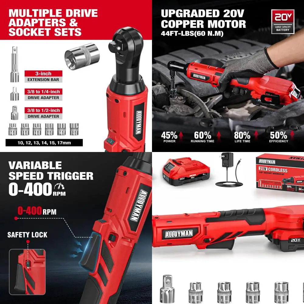 

20V Cordless Ratchet Set, 60N.m Torque, Variable Speed, LED, 6 Sockets & 3 Extension