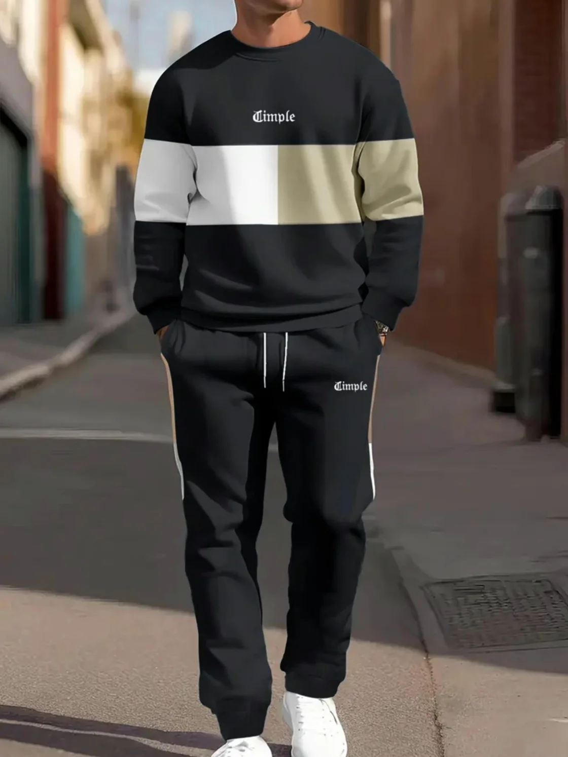 Męski jesienno-zimowy sportowy zestaw w kratę, casualowy, z okrągłym dekoltem, długimi spodniami i długimi rękawami z mankietami, nowość.