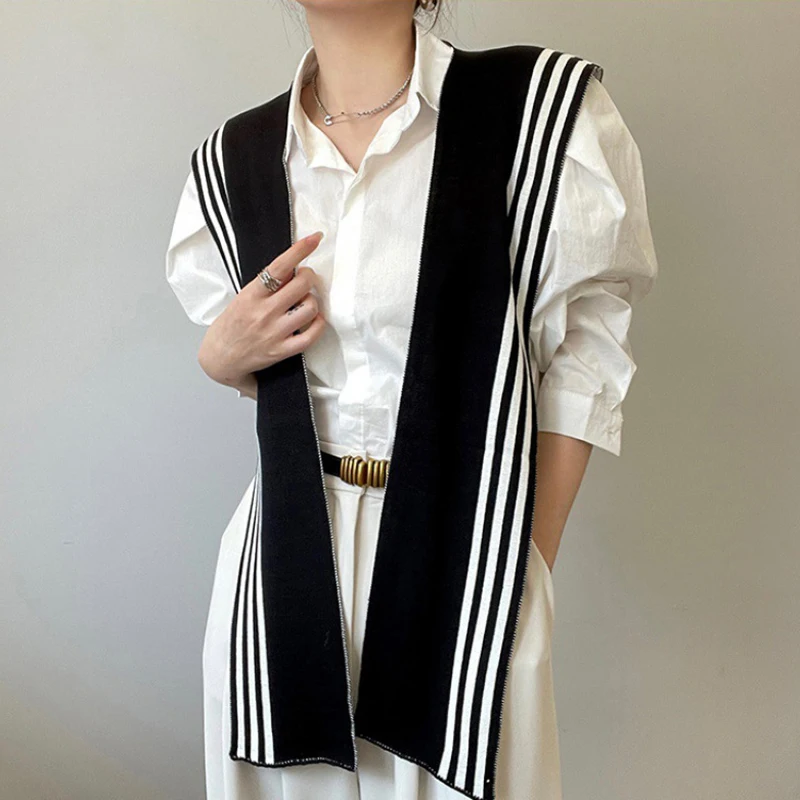 Korean Style Knitted Shawl Shirt Shoulder Striped Fake Collar Retro Style Scarf Female Accessories