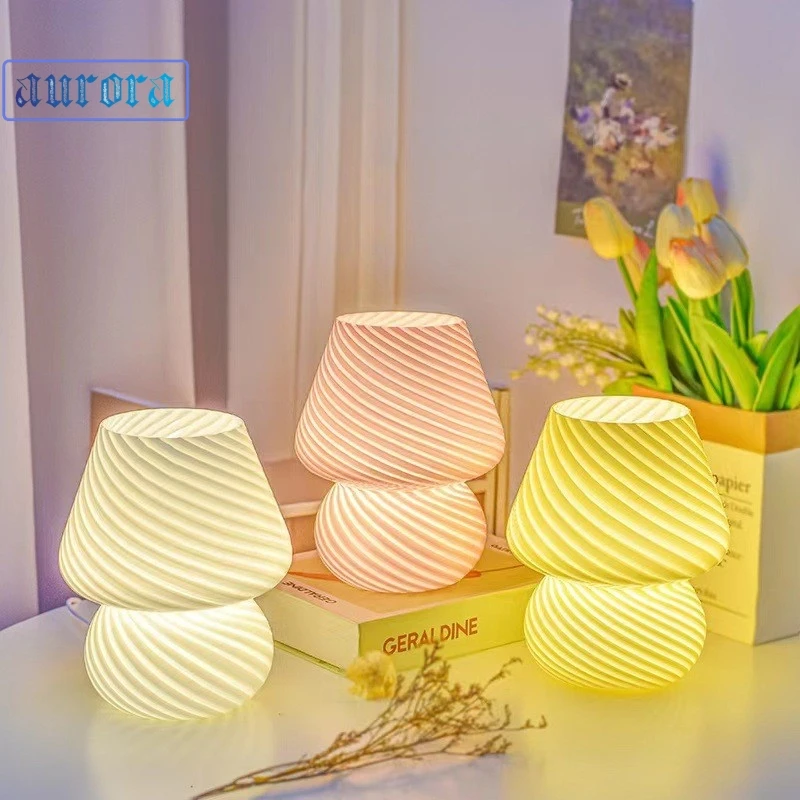 

Glass LED Table Lamp Mushroom Bedside Desk Night Light Bedroom Livingroom Home Decor Ins Style Striped Cute Translucent Ring