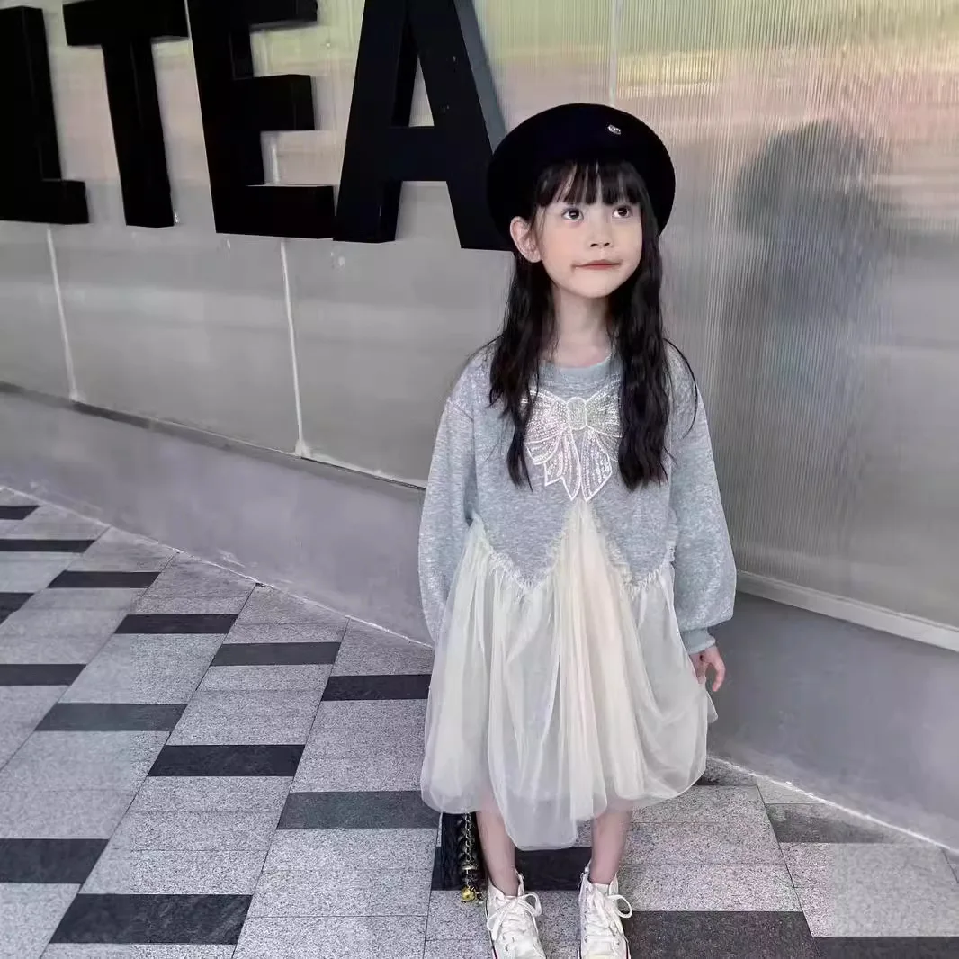 

2-8Y Kids Girls Sweatshirt Dress Autumn Bow Long Sleeve Gauze Spliced Toddler Girls Dress Korean Elegant Princess Dress For Girl