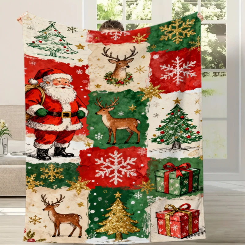 Christmas Patchwork Holly Berry Festive Flannel Blanket For Cozy Bedroom Decor Soft Warm Throw Blanket Wrap