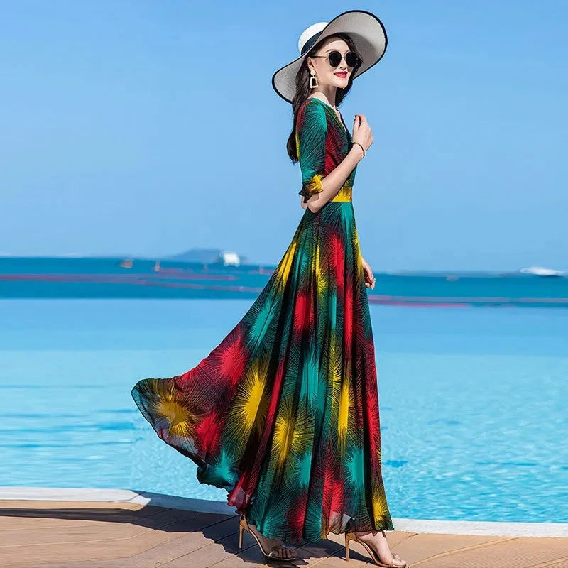 

2025 Summer Dress New Chiffon Dazzling Print Slimming V-neck Elegant and Elegant Dazzling Bohemian Dress for Women Holid