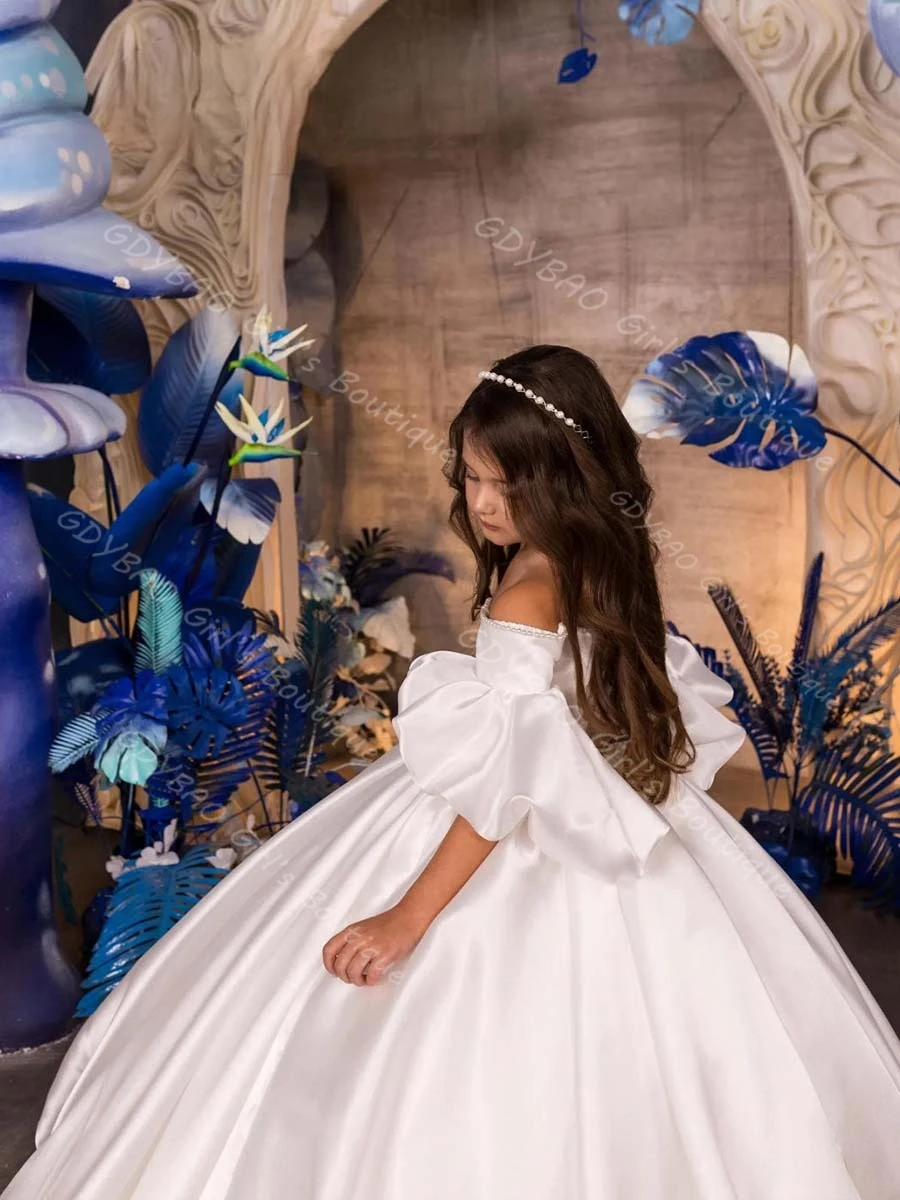 قبالة الكتف زهرة فتاة فستان لحفل الزفاف 2-14 أطفال نفخة الأكمام فرشاة قطار 1st بالتواصل فستان المسابقة مخصص حفلة الكرة ثوب