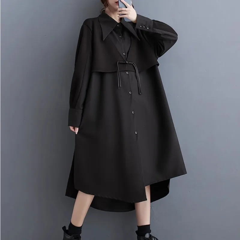 #3455 False Two Piece Shirt Dress Women Loose Split Joint A-line Midi Dress Ladies Polo Neck Black Irregular Dress Female Spring