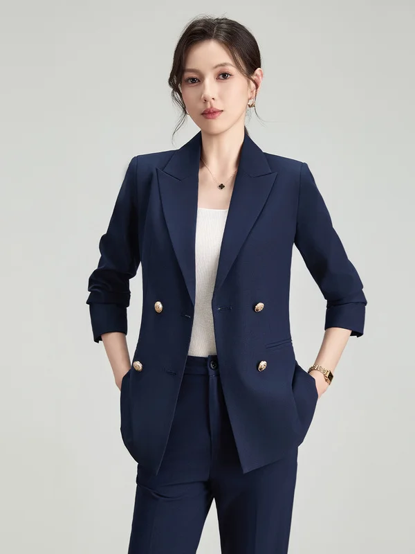Cobalt Blue Women's Suit Jacket Professional Career Interview Outfit Double Buttoned Business Wear Commute Casual Style