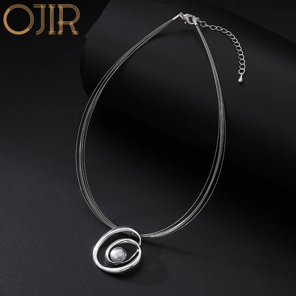 2023 Geometric Silver Color Spiral Circels Chokers with Bead Pendants for Women Gothic Necklace for Women Jewelry Accessories