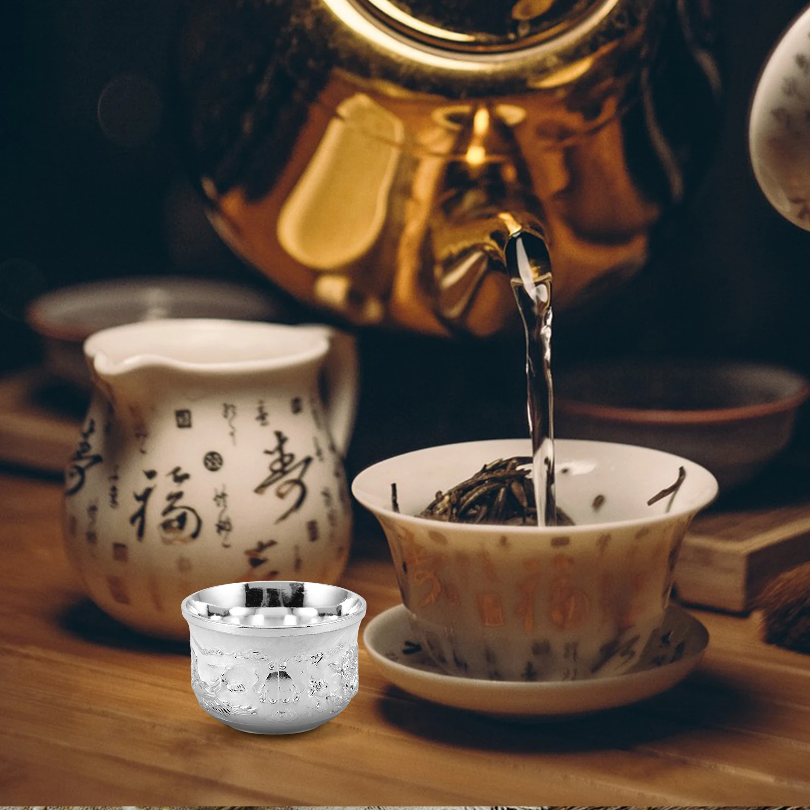 

Retro Kung Fu Tea Set Teacup Chinese Vintage Small Cup Metal Zinc Alloy Turquoise Drinkware Home Decor Glass