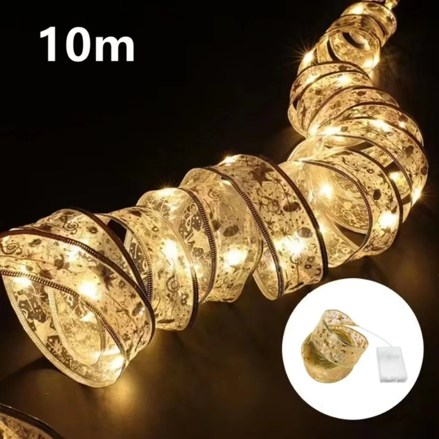 2026 LED Ribbon Decoration Lights 10m Christmas Tree Decoration Ornaments Lace Bows String Lights Navidad Home Decors New Year