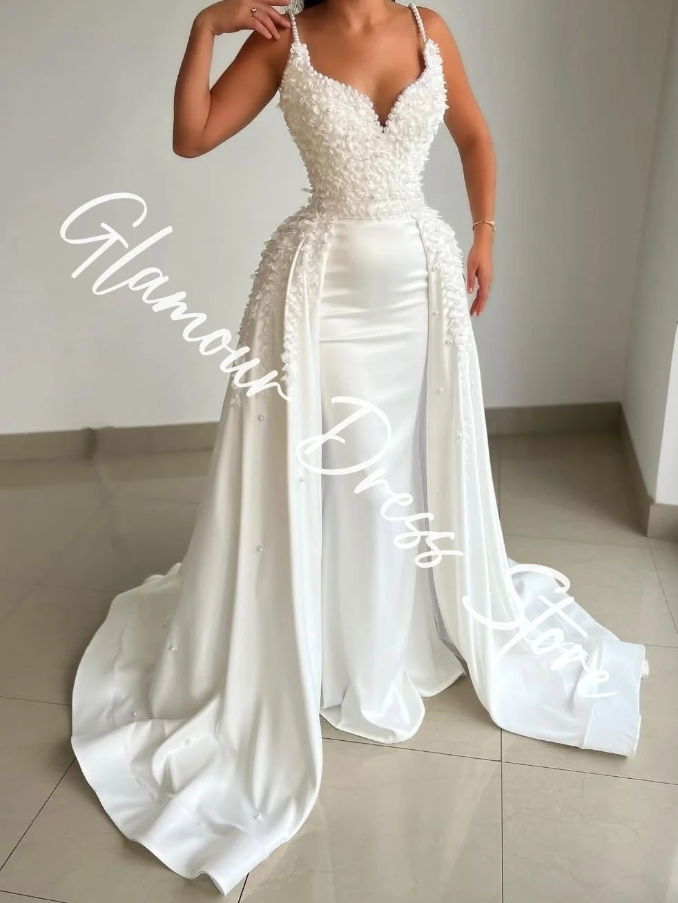 Customized Exquisite Jersey Straight Spaghetti Straps Appliques And Pearls Evening Dresses Strapless Sleeveless Panel