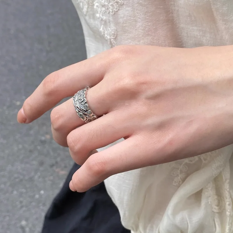 الرجعية القديمة الفضة لوتس حلقة مفتوحة المرأة خمر خمر الأزياء الخفيفة الفاخرة الراقية حلقة قابل للتعديل