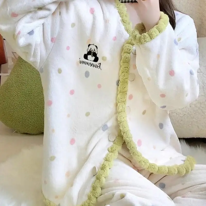 Sweet and Cozy Fashion Homewear New Autumn Winter Sleepwear Set Women Polka Dot Panda Suitable for Outdoor Wear Pajama Lingerie