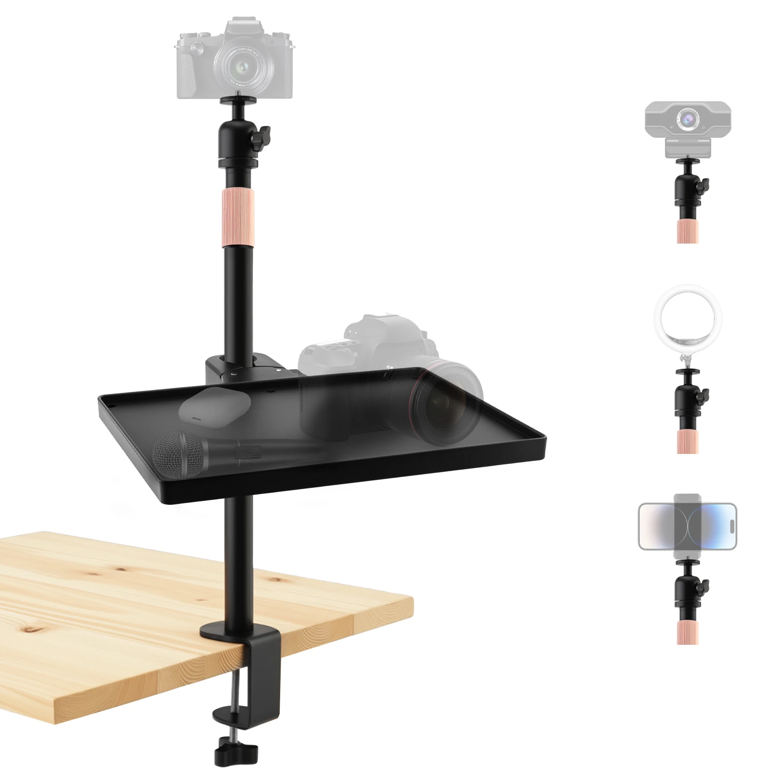 Adjustable Light Stand 17-28 Inch Camera Desk Mount for Live Streaming, Photo Video Shooting with Tray