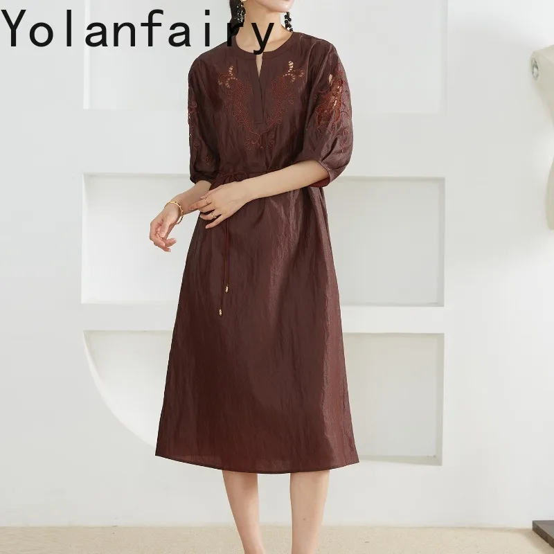 YOLANFAIRY Crack Texture 100% Mulberry Silk Dresses for Women Red Gambiered Silk Dresses Lace-up Elegant Black Dress Embroidery