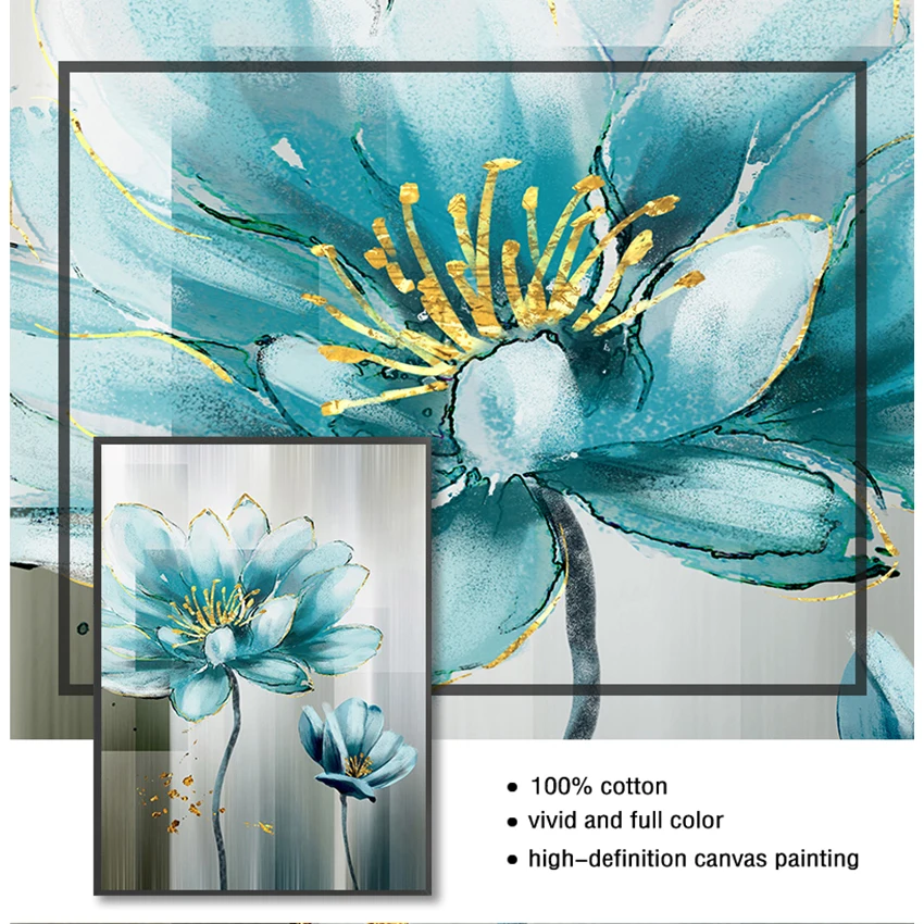 for Living Room Gold Print Cuadros Salon Decoracio Abstract Blue Flower Canvas Painting Modern baby blue Wall Art Picture
