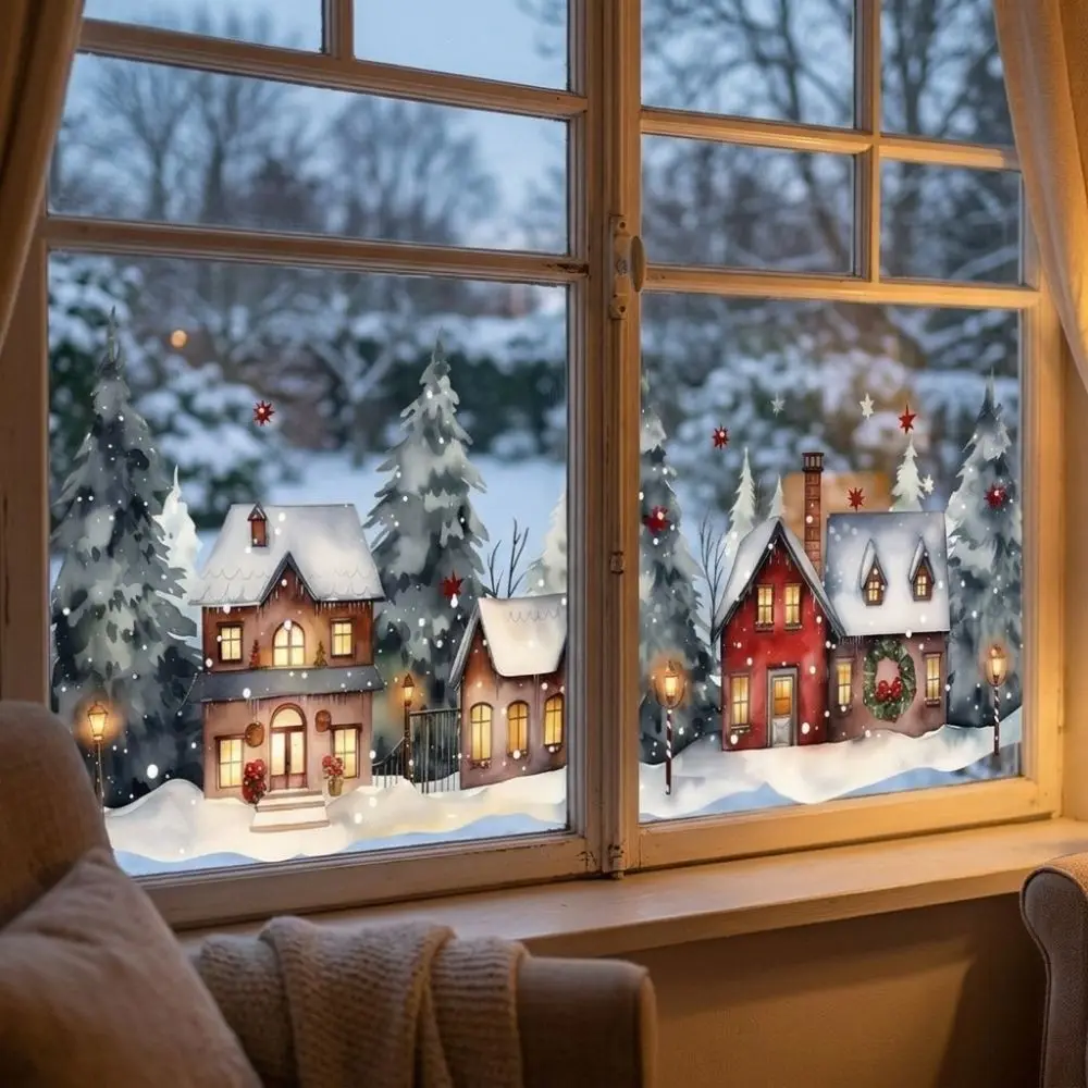 Watercolor Style Christmas Village Window Stickers Static Adhesive Vivid Color Snowy Town Window Cling 2D Flat Pattern PVC