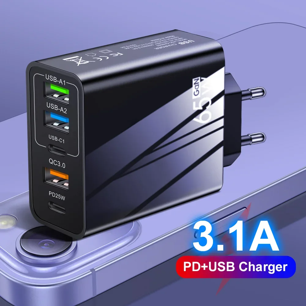 QC3.0 Charger 65W GaN 5 Ports USB C Mobile Phone Travel Charger EU/US/UK For iPhone 17 Xiaomi Huawei Wall Charger Fast Charging