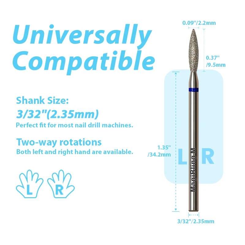 MagiBling Diamond Nail Drill Bits for Efile Buffer Manicure Left Right Rotary Cuticle Nail Corner Polish DIY Nails Tools 3/32"