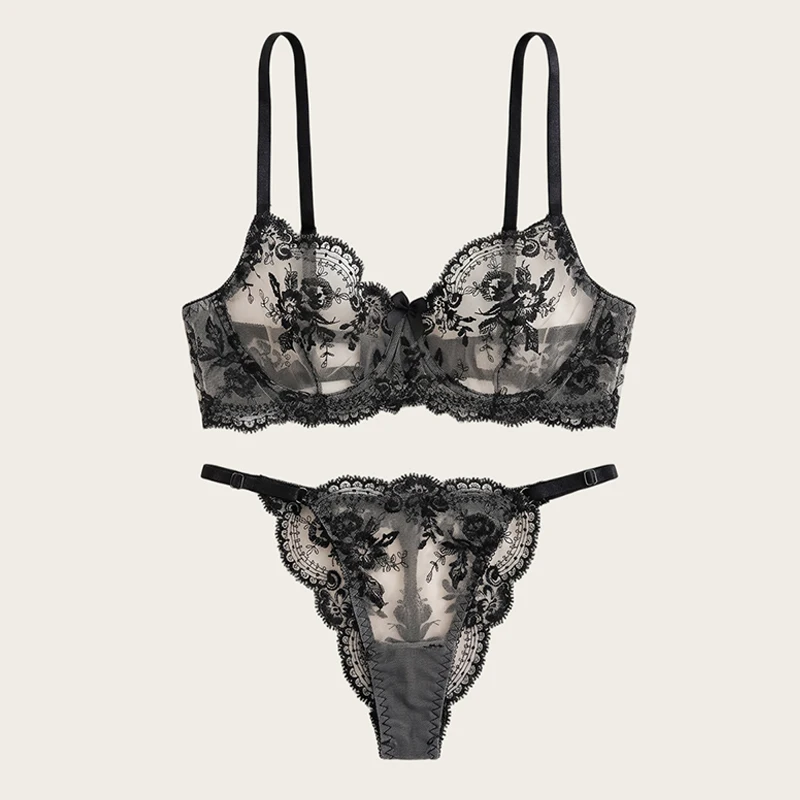 Fancy Underwear Lace Embroidery Sexy Bra Set Seamless Underwear See Through Lingerie Set 2 pcs Women's Intimate Erotic Lingerie