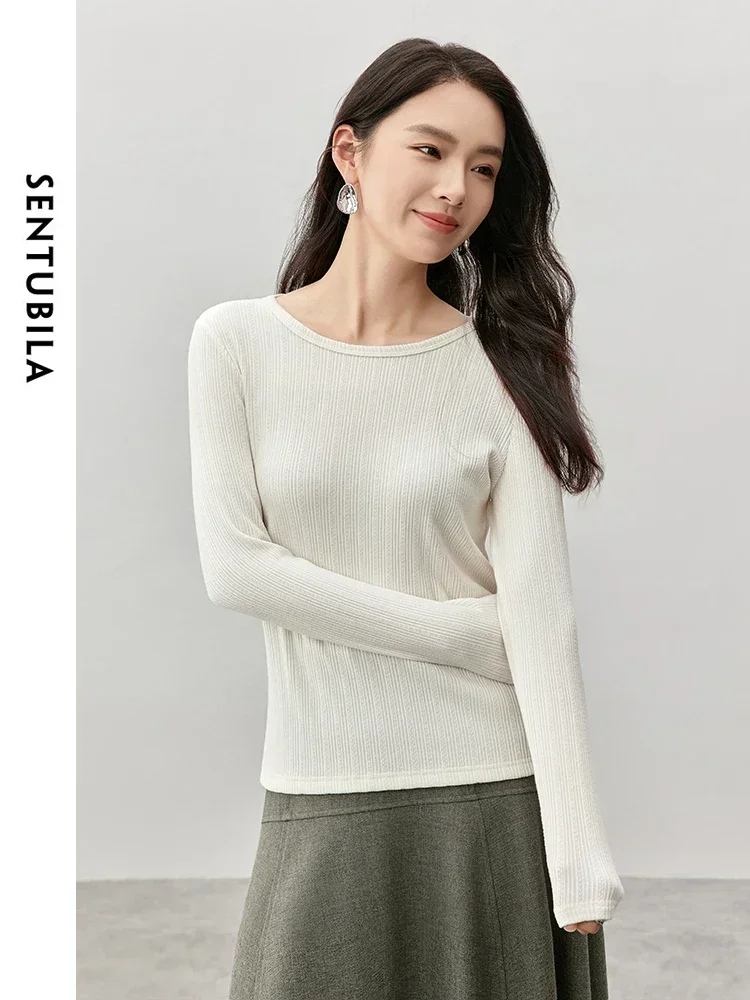 

SENTUBILA Warm Knitted Pullovers Women Sweater 2025 Spring Long Sleeve Comfort Knit T-shirt Woman Basics Knitwear 144H57194