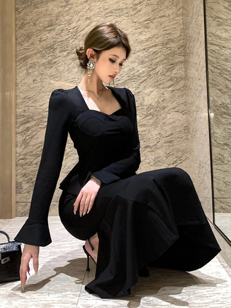 Women Clothes Black Outfits Elegant Lady Mujer Ruffle Square Neck Tops Shirt Blouse And Fishtail Long Skirt 2 Pieces Set Formal