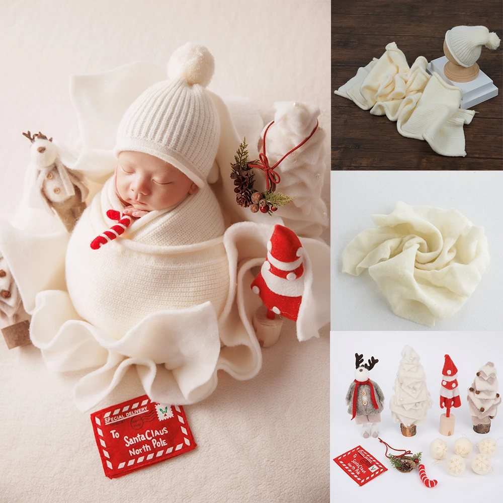 

Knitted Christmas Newborn Photoshoot Stretch Wrap Pompom Hat Felt Layer Doll Ornament White Christmas Baby Photo Accessories